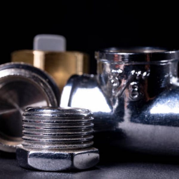 Metal plumbing fittings used to repair the water system. Accessories and spare parts for mechanics. Dark background.